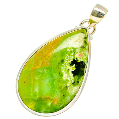 Green opal teardrop pendant with sterling silver bezel and loop bail, angled view