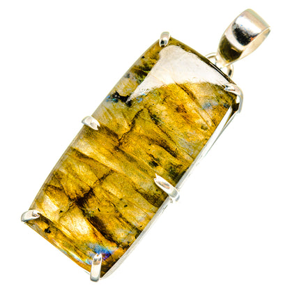 Labradorite gemstone pendant in silver bezel, elongated rectangular yellow-green stone
