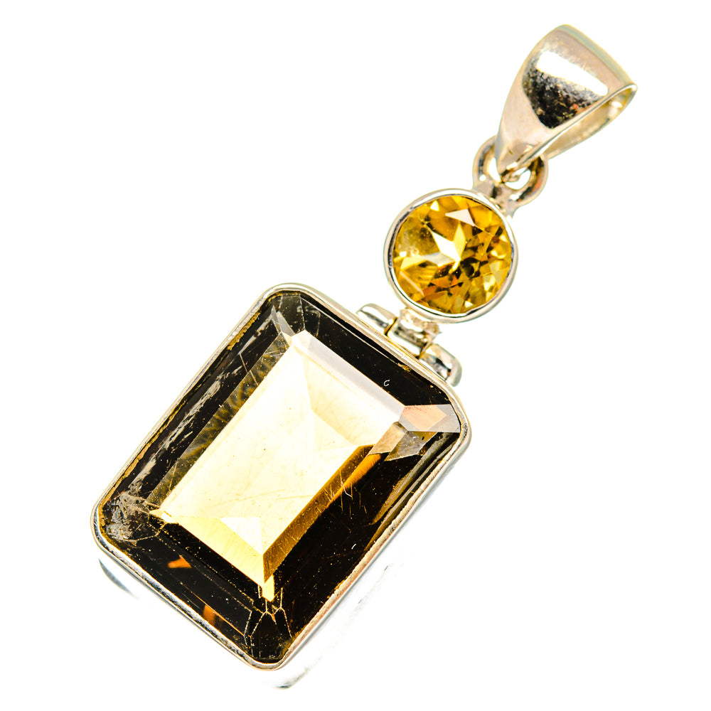 Sterling silver pendant with round yellow citrine and rectangular smoky quartz, bail top