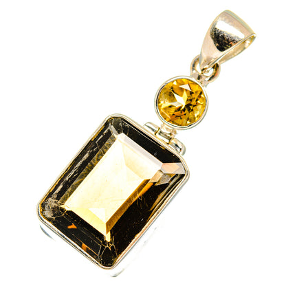 Sterling silver pendant with round yellow citrine and rectangular smoky quartz, bail top