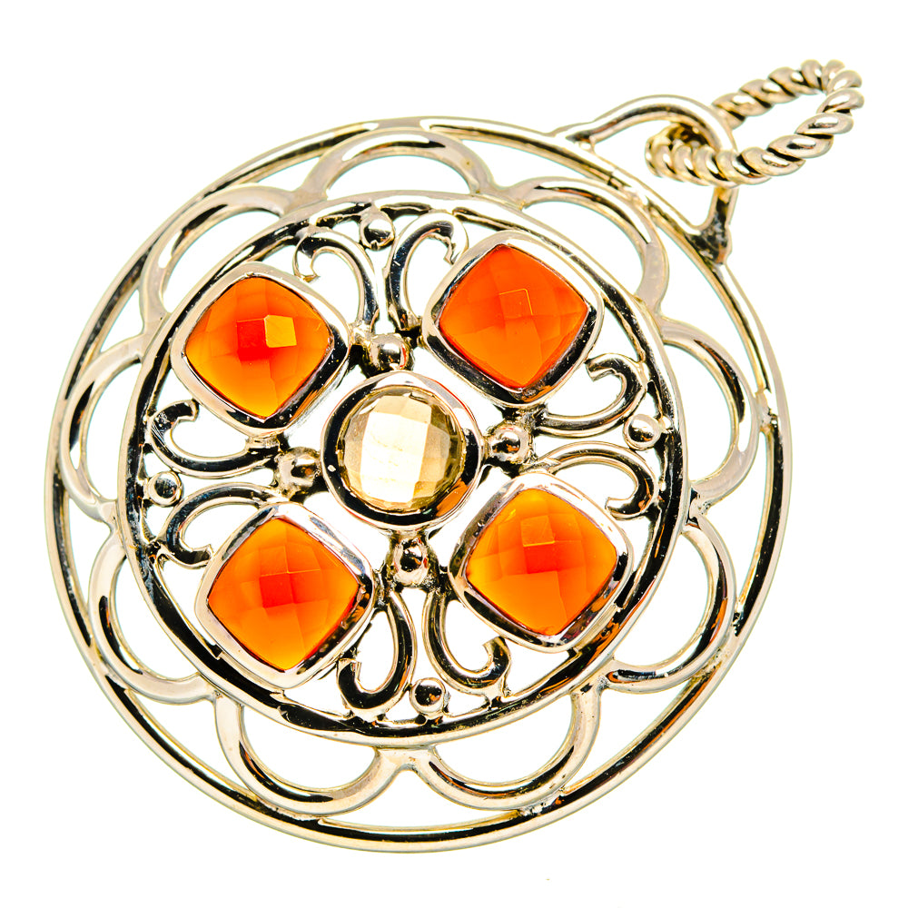 Round gemstone pendant with orange and amber stones, sterling silver filigree, bail