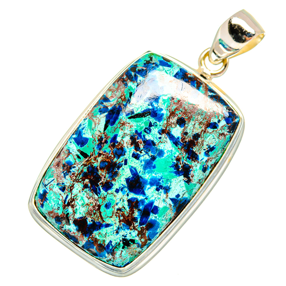 Shattuckite pendant with blue-green matrix set in polished 925 sterling silver frame