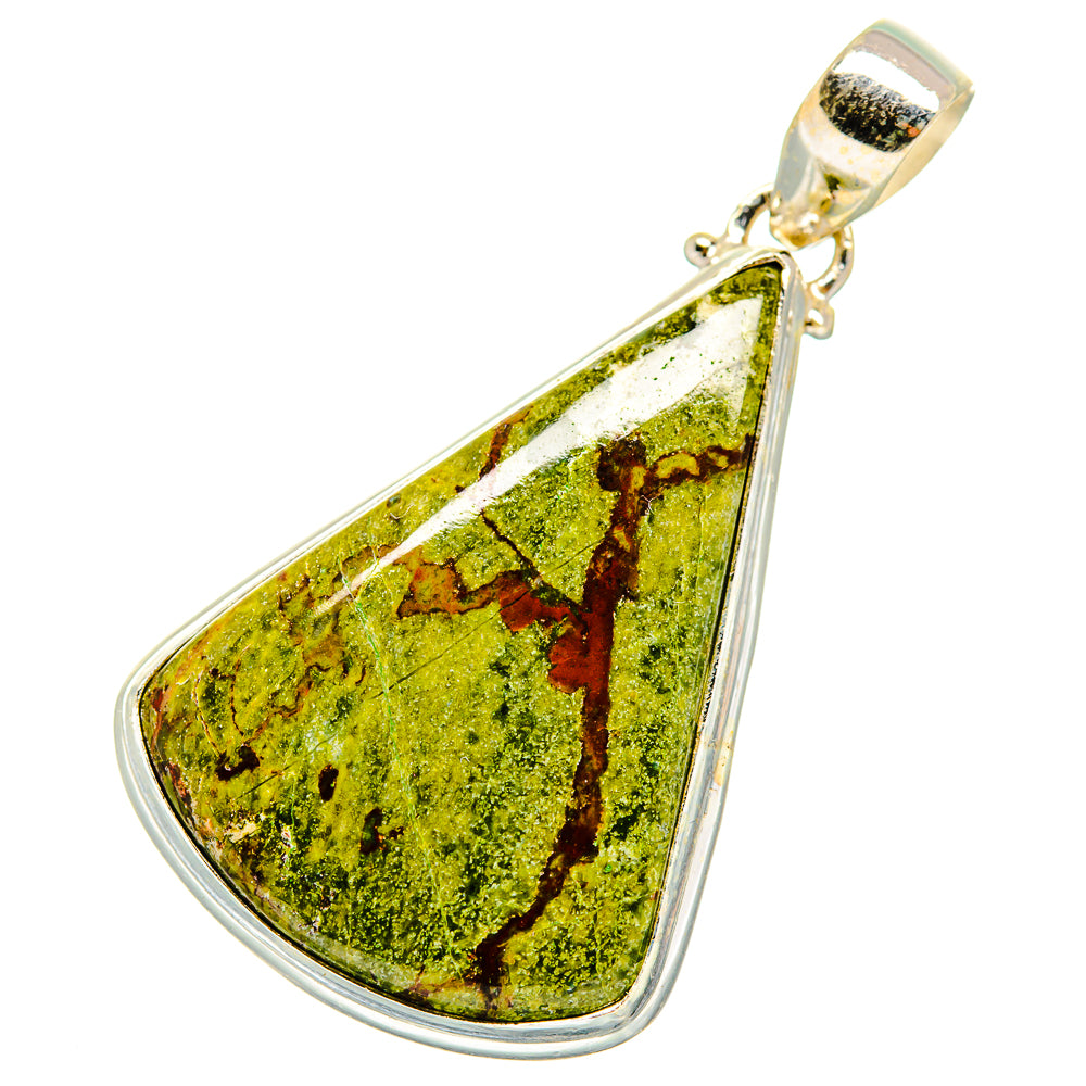 Sterling silver jasper pendant with bail, teardrop green stone with red-brown veining