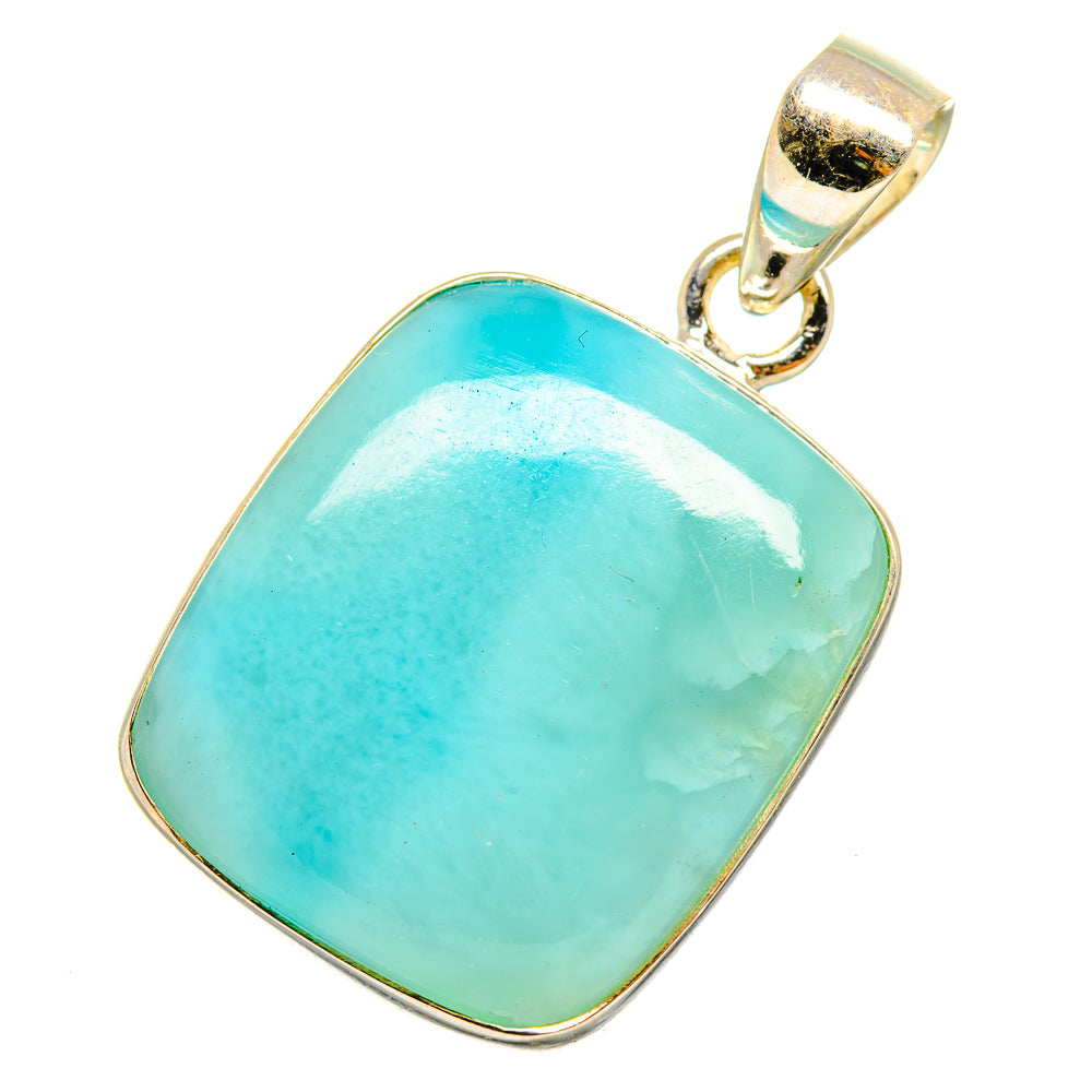 Turquoise larimar stone pendant in 925 sterling silver bezel with bail, square shape