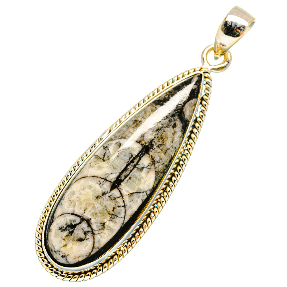 925 sterling silver fossil pendant with teardrop oval stone, ornate beaded edge