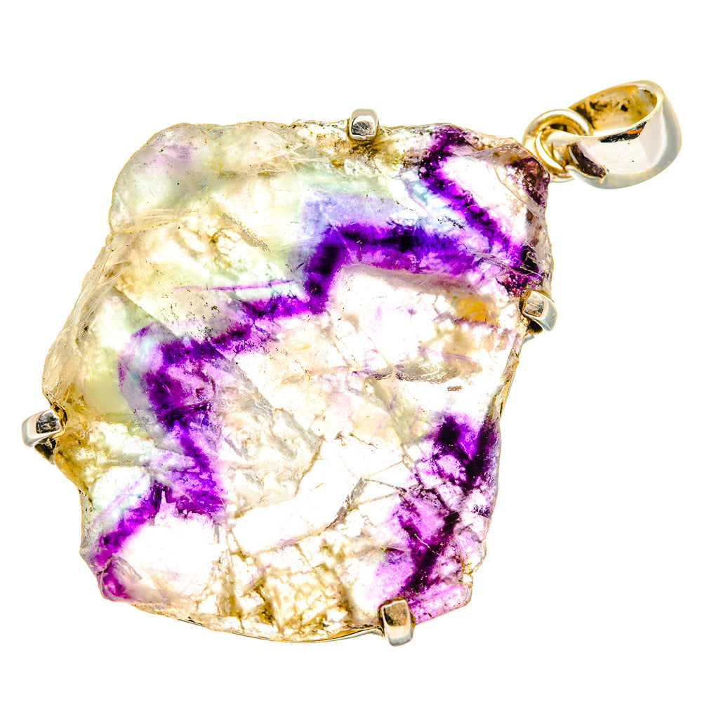 Rough fluorite pendant, white & purple, 925 sterling silver bail and prong