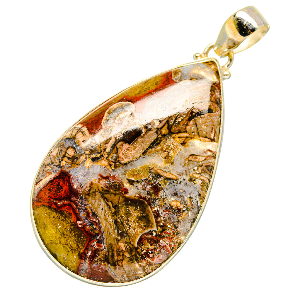 Sterling silver teardrop mushroom rhyolite pendant with marbled gray, green, red stone