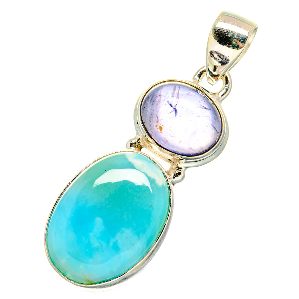 Sterling silver pendant with oval turquoise and purple oval gemstone, open bezel bail