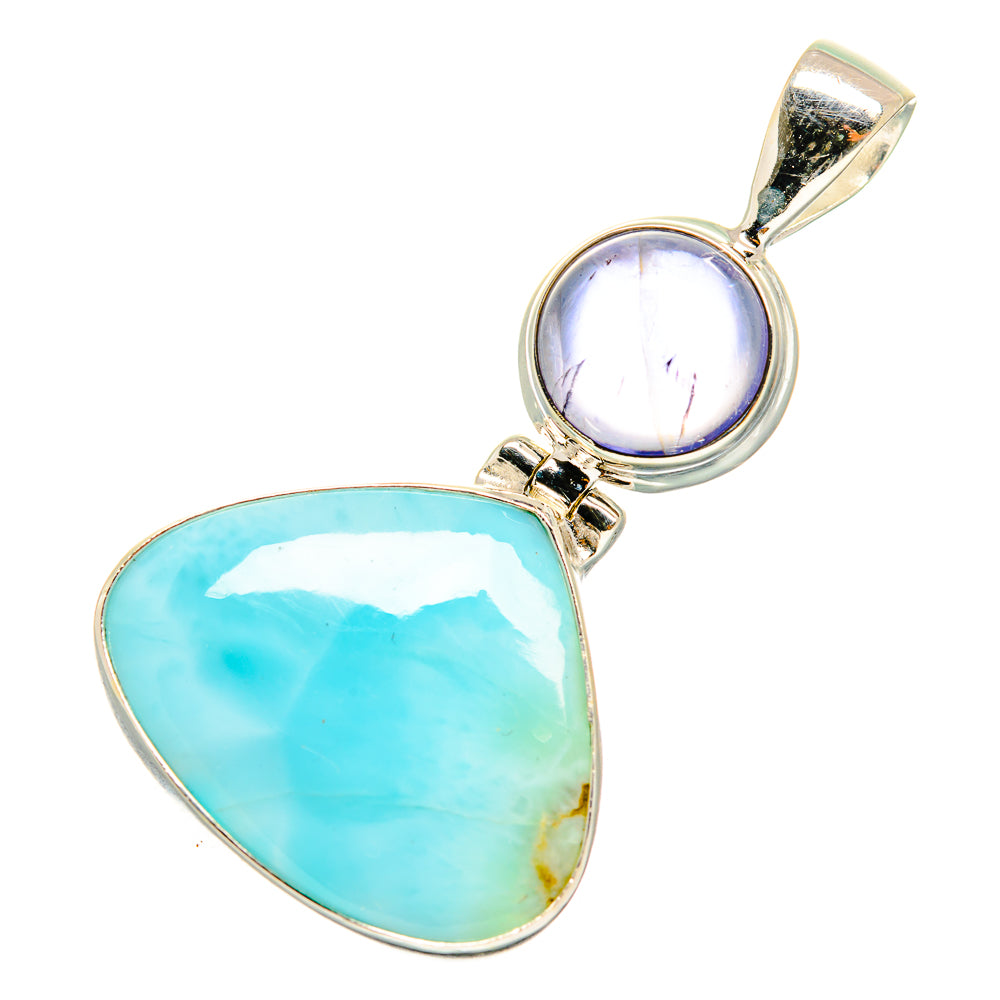 Larimar and tanzanite gemstone pendant in sterling silver, blue teardrop and lavender round