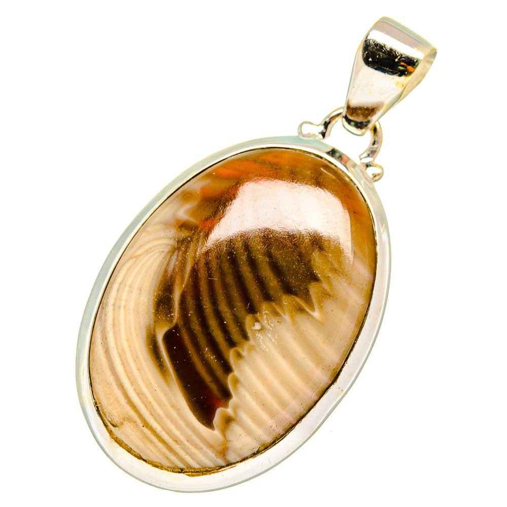 Oval wood jasper pendant in silver bezel with brown and cream stripe stone, gold bail