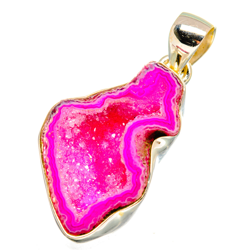 Pink geode slice pendant in 925 sterling silver with gold-tone bail, marbled quartz.