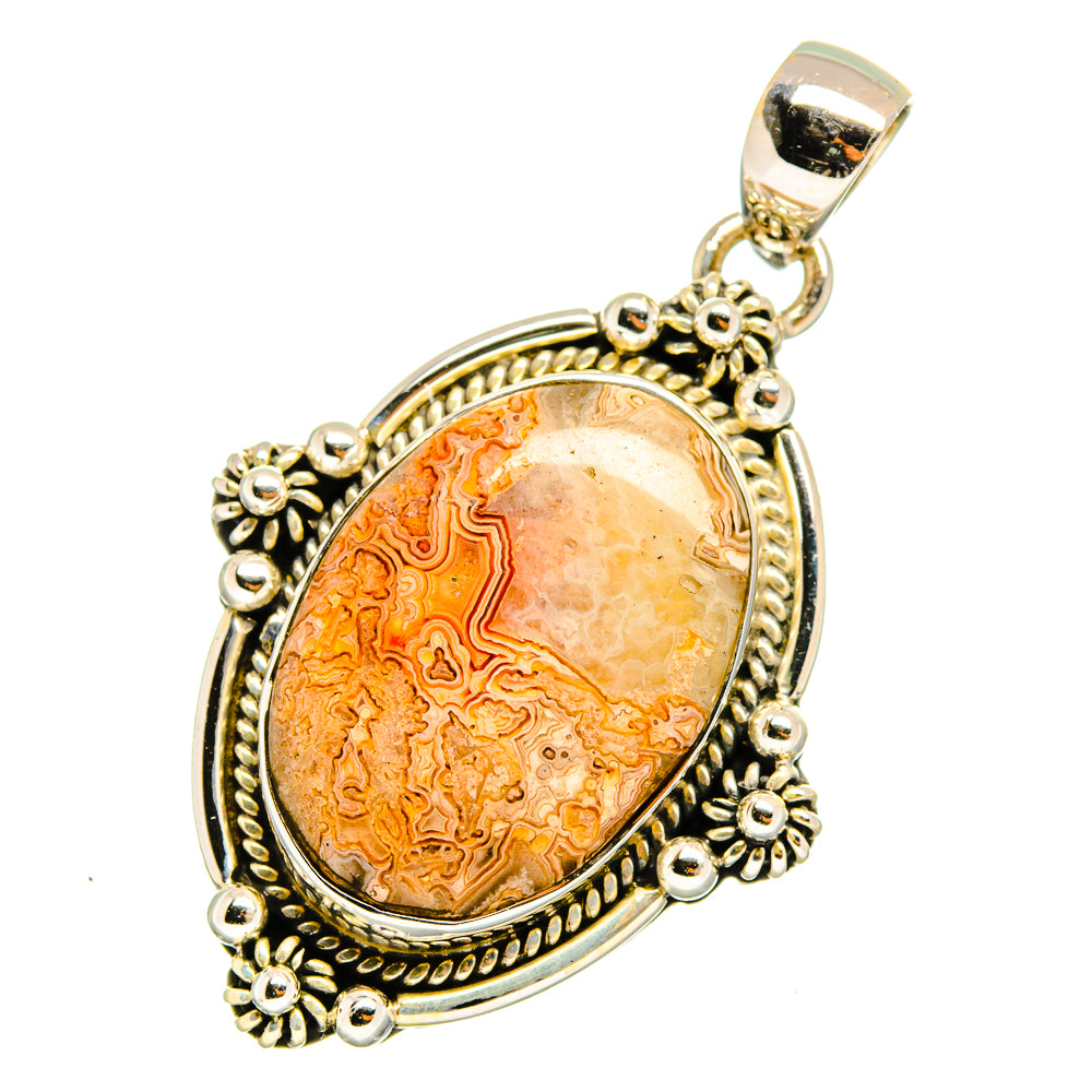Oval lace agate pendant with orange pattern, 925 sterling silver bail and decorative border