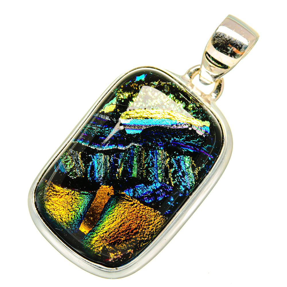 Dichroic glass pendant, iridescent blue-gold-black cabochon with silver bezel and bail
