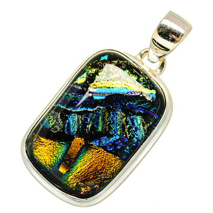 Dichroic glass pendant, iridescent blue-gold-black cabochon with silver bezel and bail