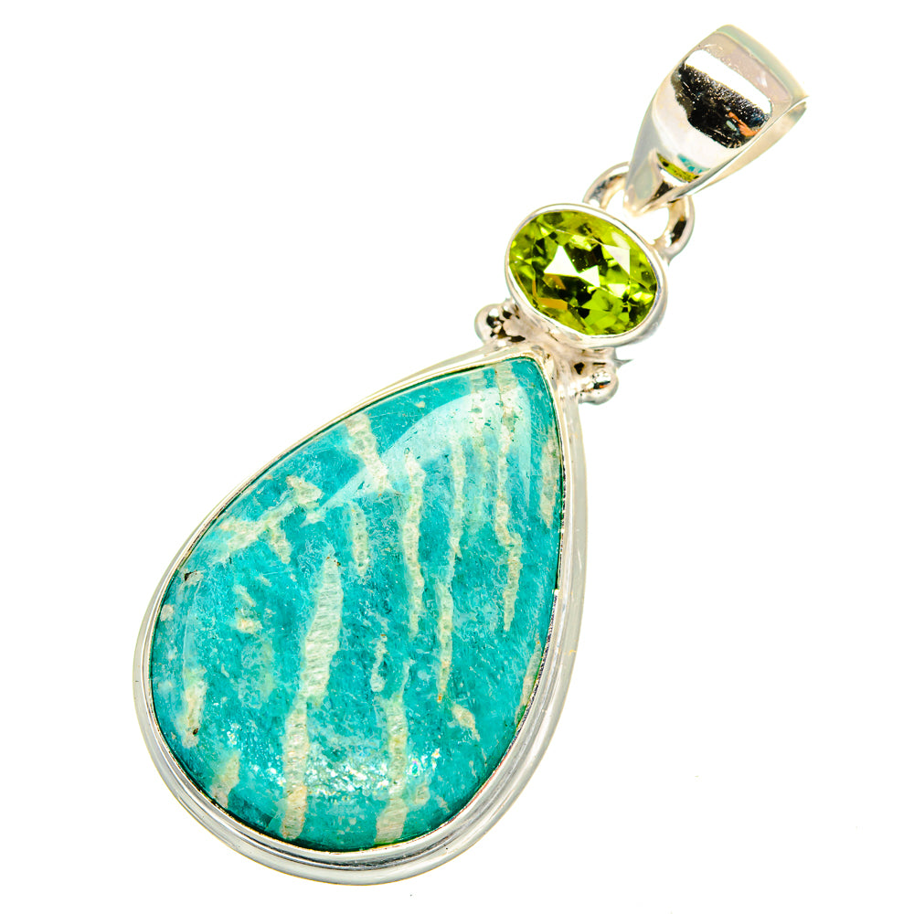 Teardrop amazonite pendant with peridot gemstone in 925 sterling silver bezel