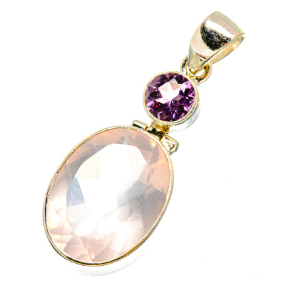 Rose quartz and amethyst sterling silver pendant with oval pink stone and purple round top