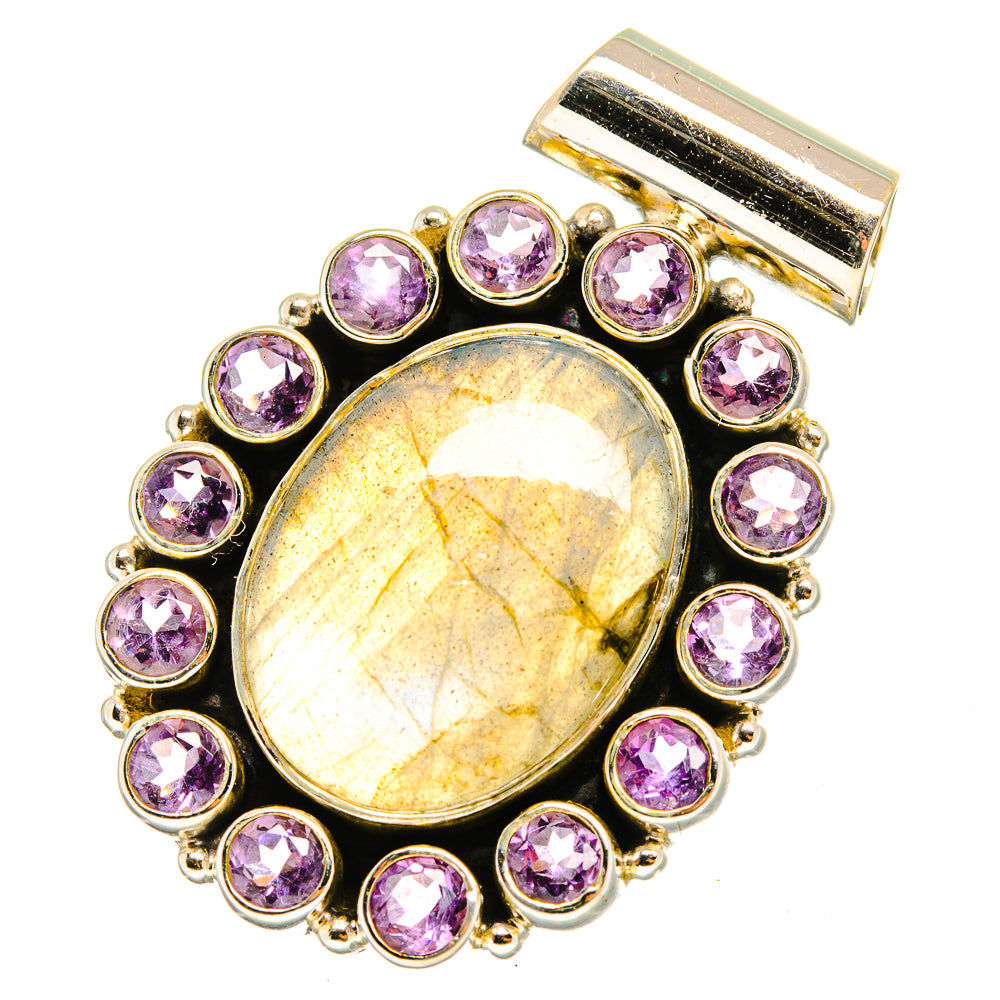 Round gold-tone pendant with labradorite center, purple amethyst halo, clasp bail