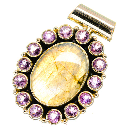 Round gold-tone pendant with labradorite center, purple amethyst halo, clasp bail