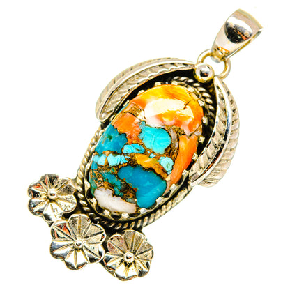 Spiny oyster turquoise pendant in 925 silver setting, oval stone with orange and teal