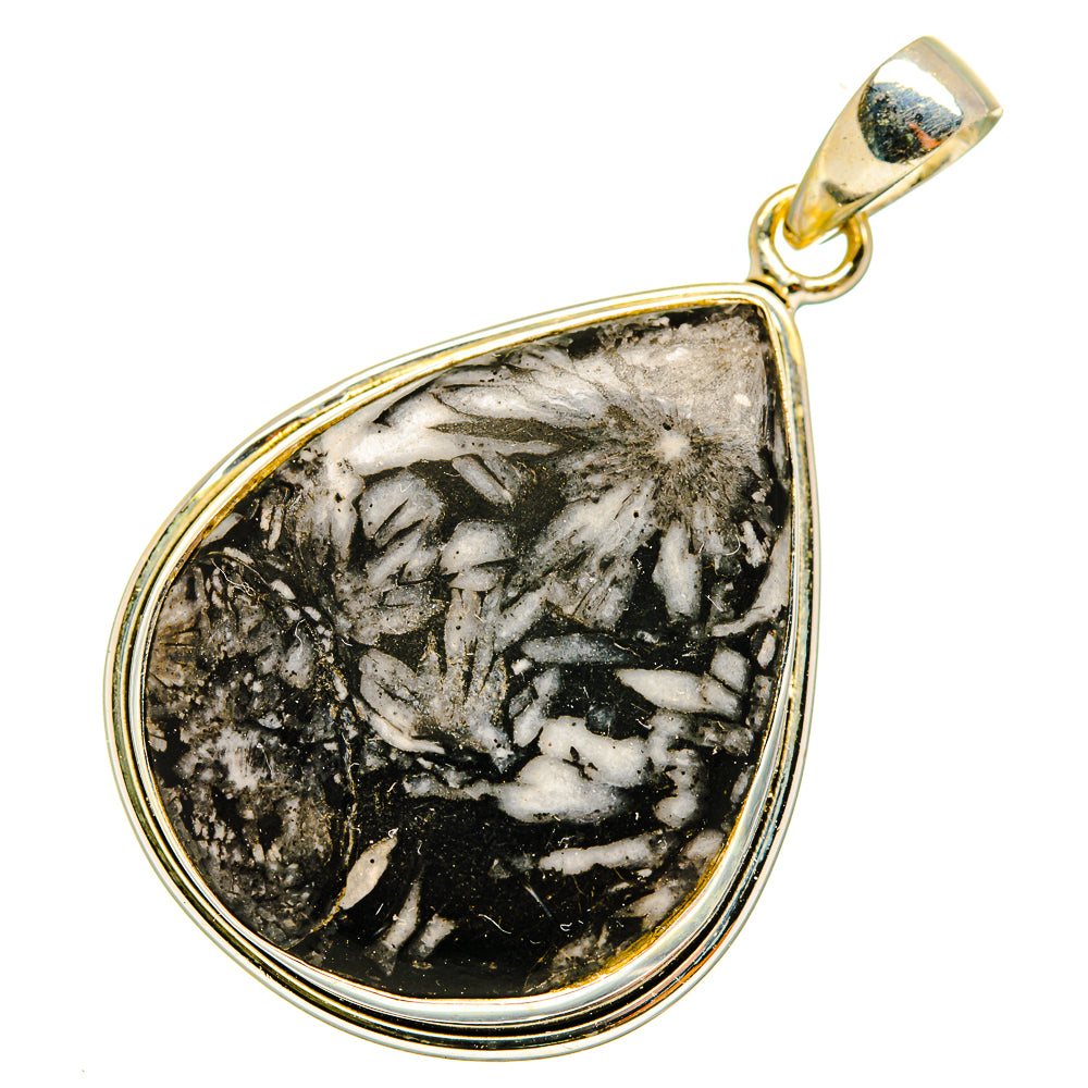 Teardrop sterling silver pendant with black stone, white speckled highlights, and bail