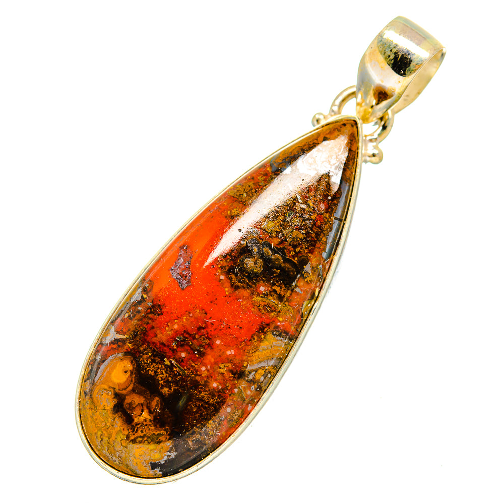 Teardrop Moroccan agate pendant in 925 sterling silver, orange red with dark speckles