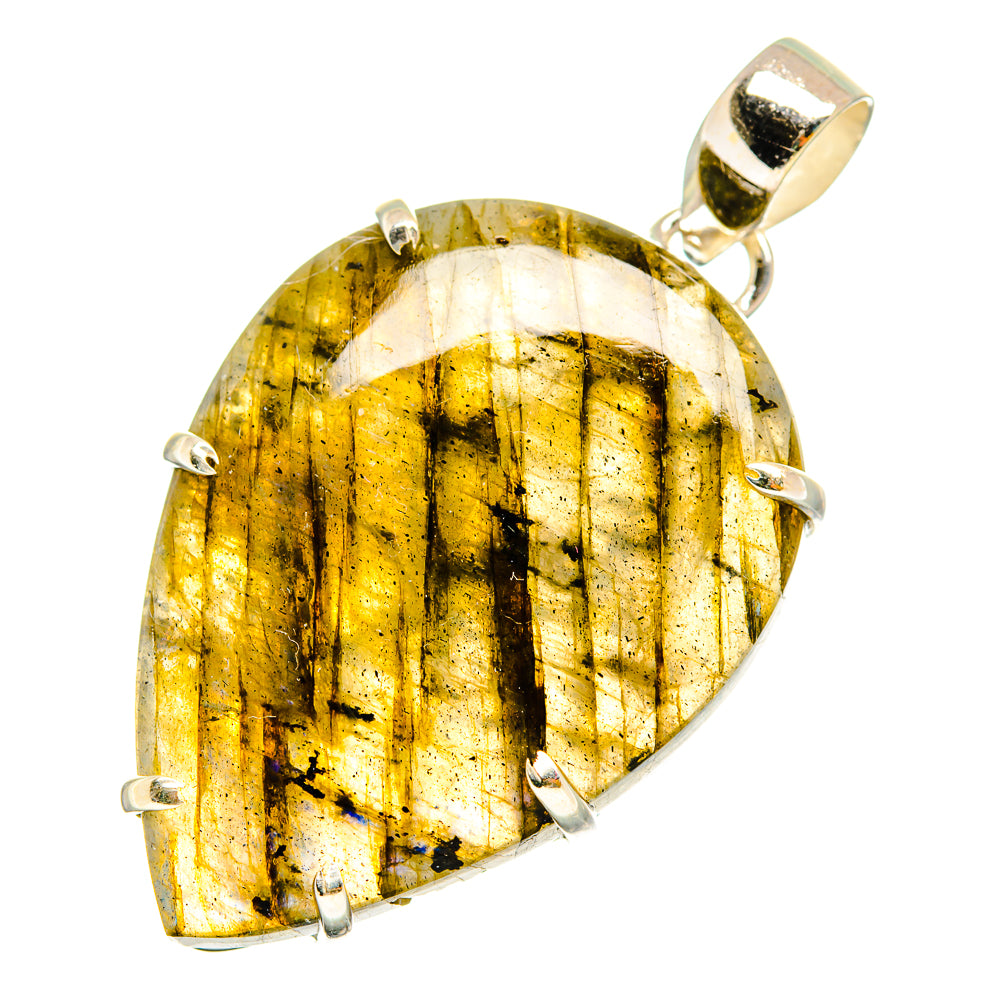 Labradorite pendant with golden yellow iridescent oval stone and 925 silver bail