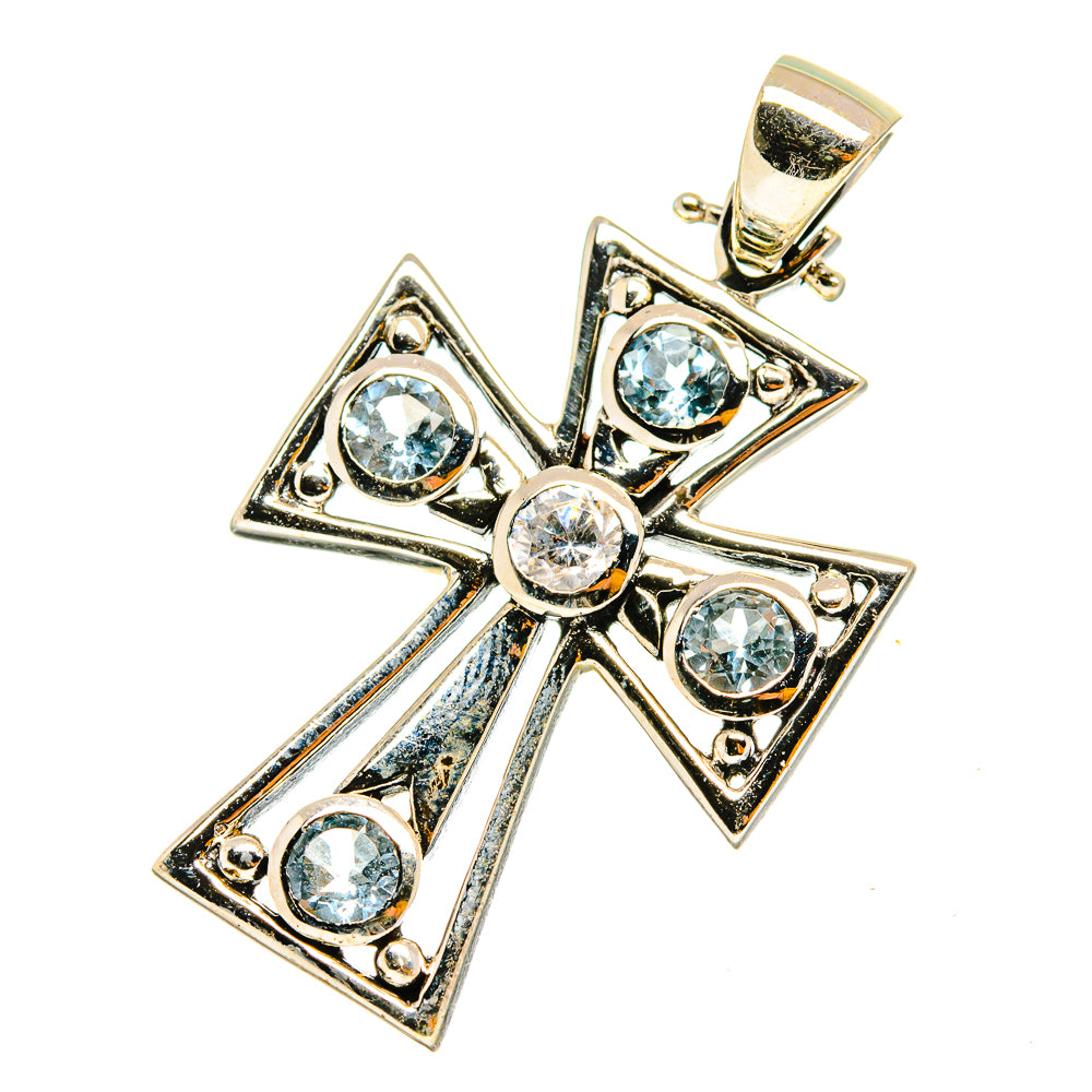 Sterling silver cross pendant with blue topaz and clear round gemstones, bail loop top