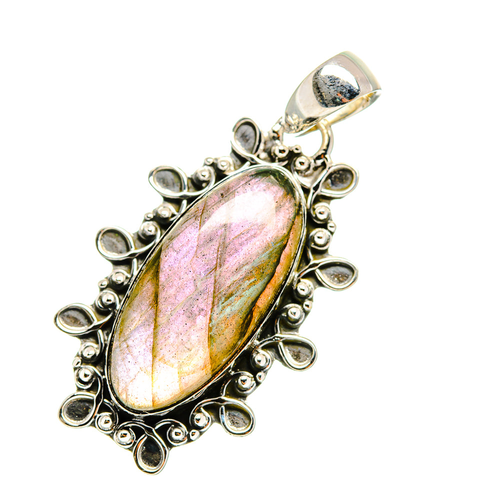 Labradorite pendant, oval pink-gold stone in ornate sterling silver bezel