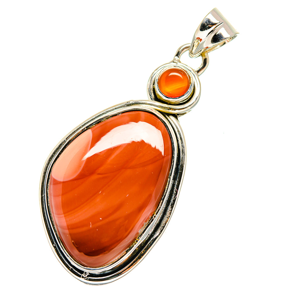 Oval orange gemstone pendant with sterling silver bezel and small round imperial jasper.