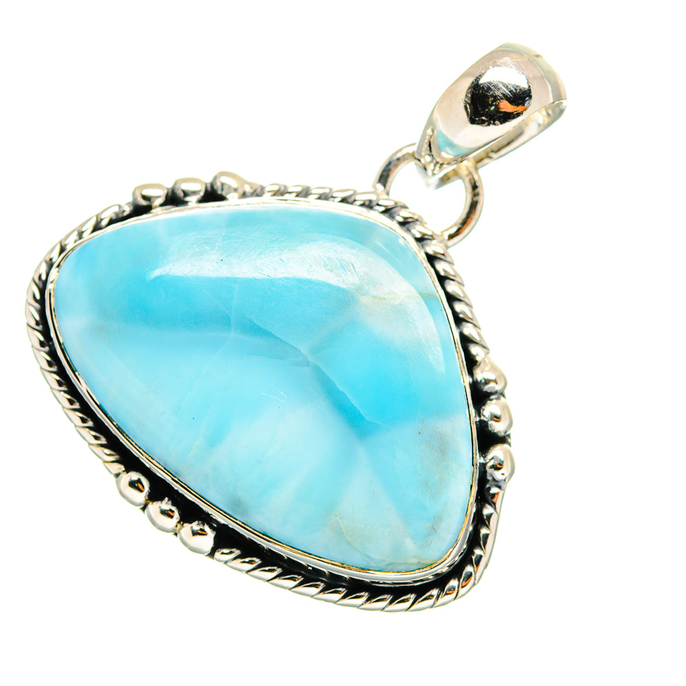 Blue larimar gemstone pendant with teardrop bezel, rope edge, and loop bail in silver