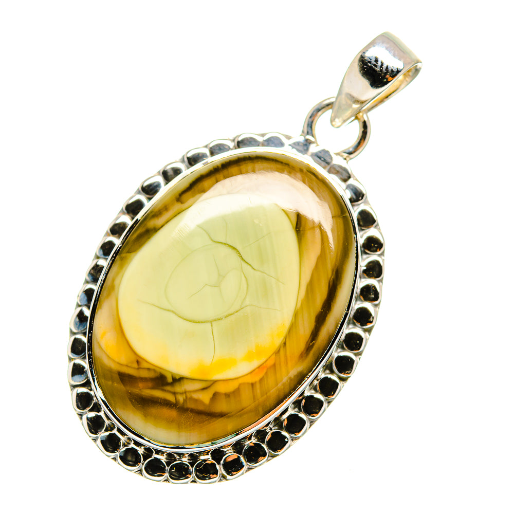 Sterling silver jasper pendant with oval yellow-brown cabochon, dark bead rim
