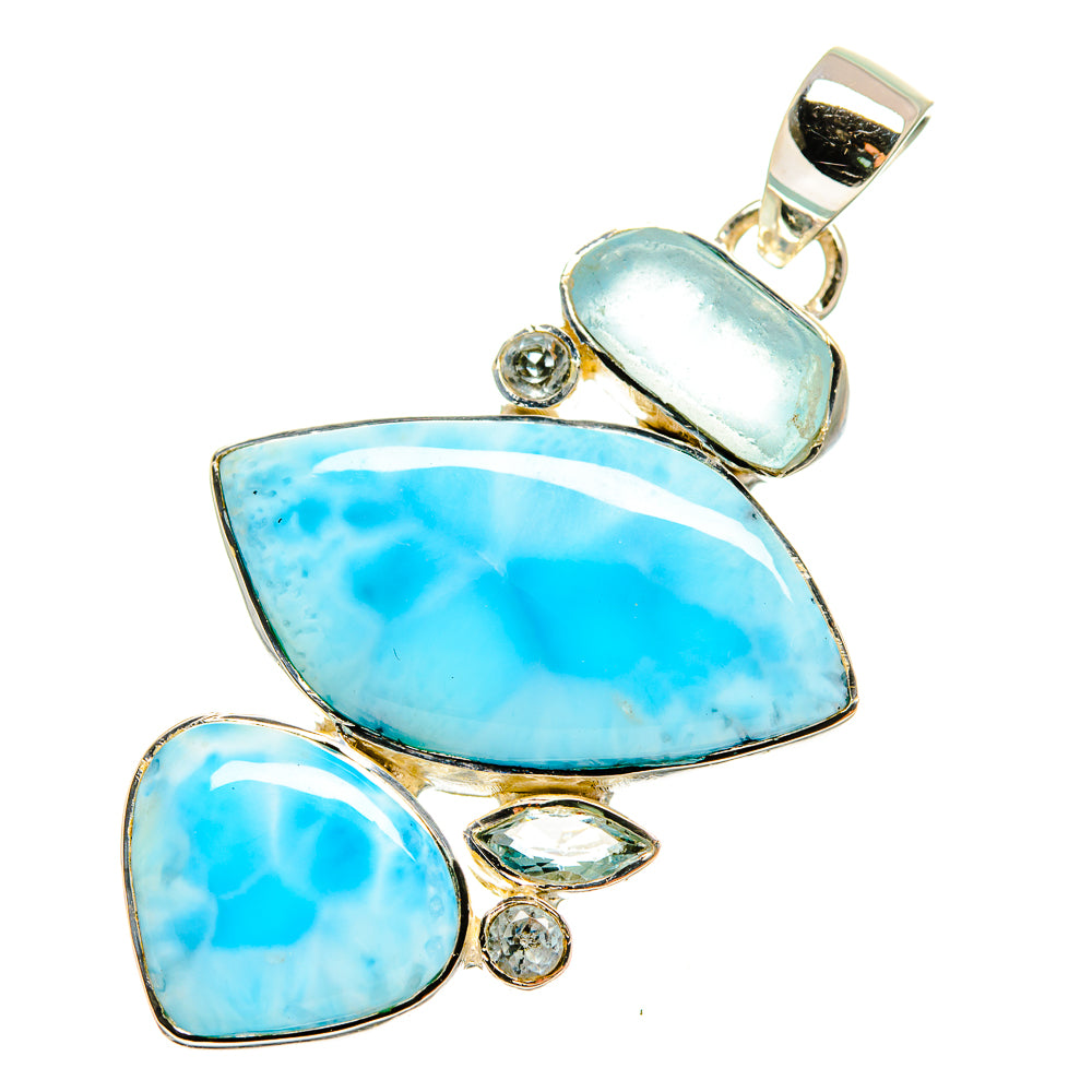 Blue gemstone pendant with three cabochons and silver bail, teardrop and oval shapes