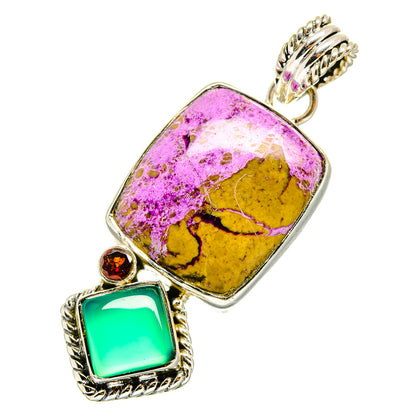 Sterling silver pendant with purple-yellow rectangular stone, green square gem, red round accent