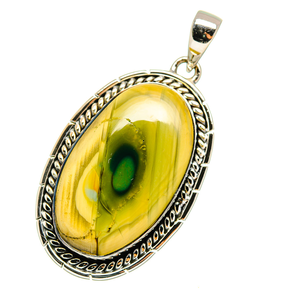 Oval jasper pendant with yellow-green cabochon in ornate 925 silver frame