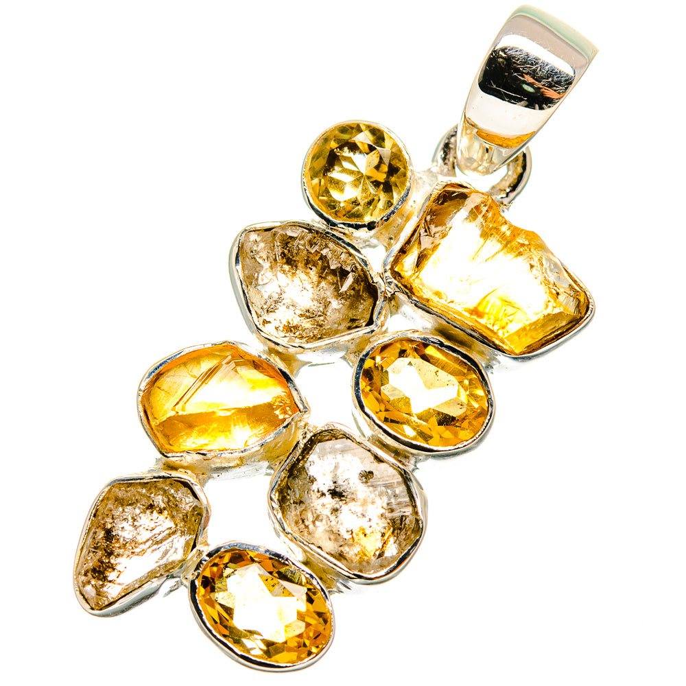 Rough citrine and faceted yellow stone pendant with round bezel settings, sterling silver bail