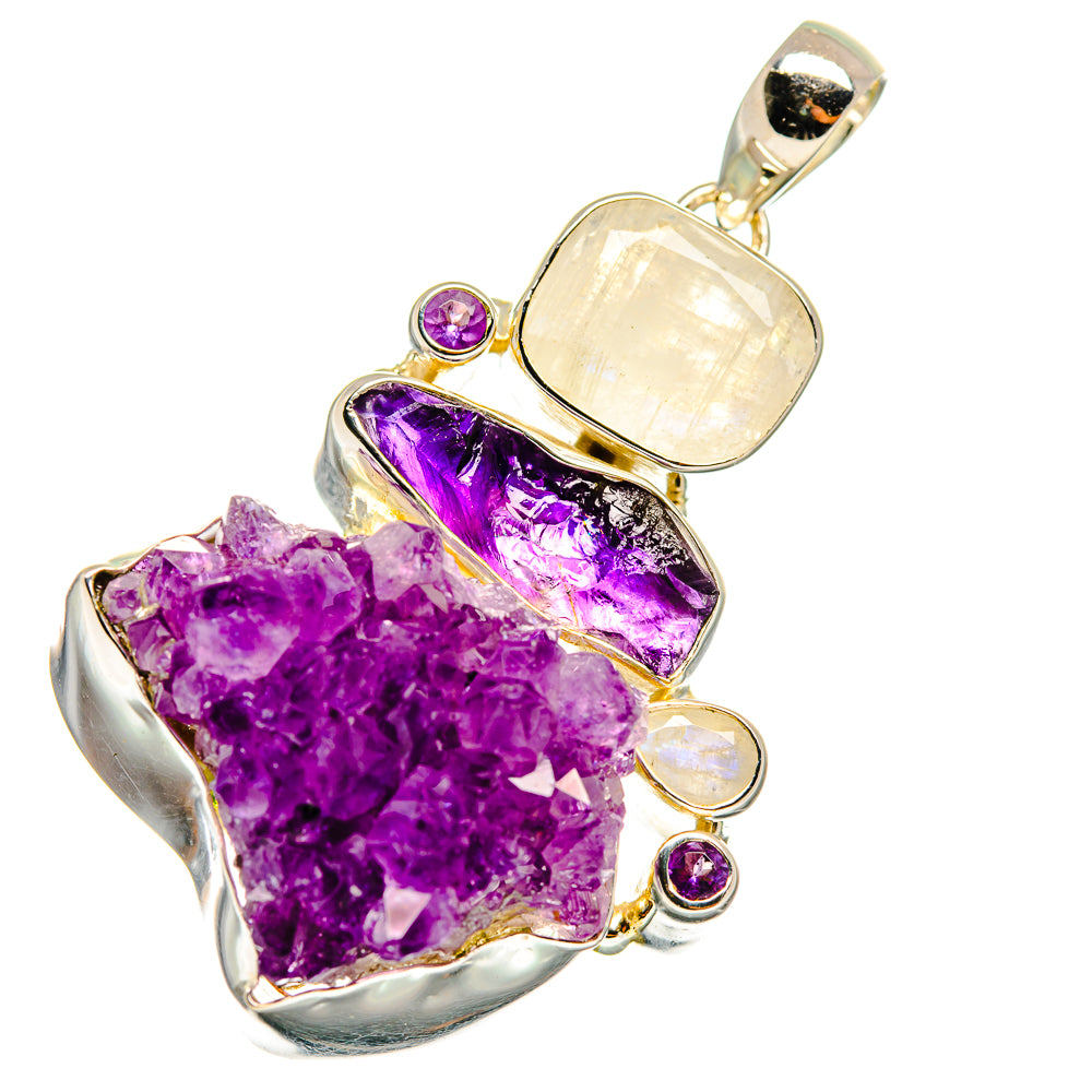 Amethyst and rainbow moonstone pendant with gold-tone setting and silver bail