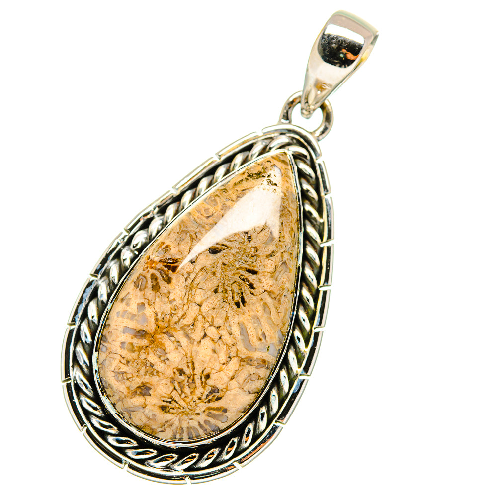 Fossil coral pendant teardrop in braided 925 sterling silver bezel with bail