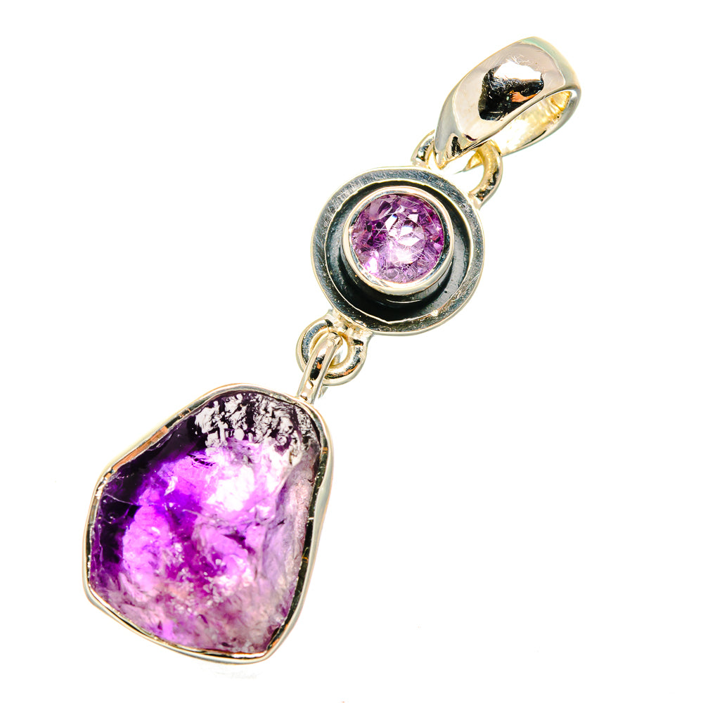 Sterling silver amethyst pendant with round halo and rough purple amethyst drop
