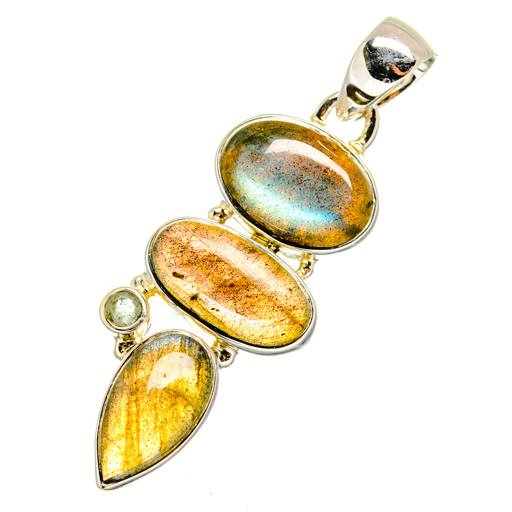 Labradorite pendant with oval and teardrop stones, yellow-gold shimmer, silver-tone bezel