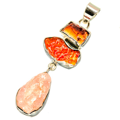 Rough rose quartz and garnet pendant, 925 sterling silver bail, textured stones