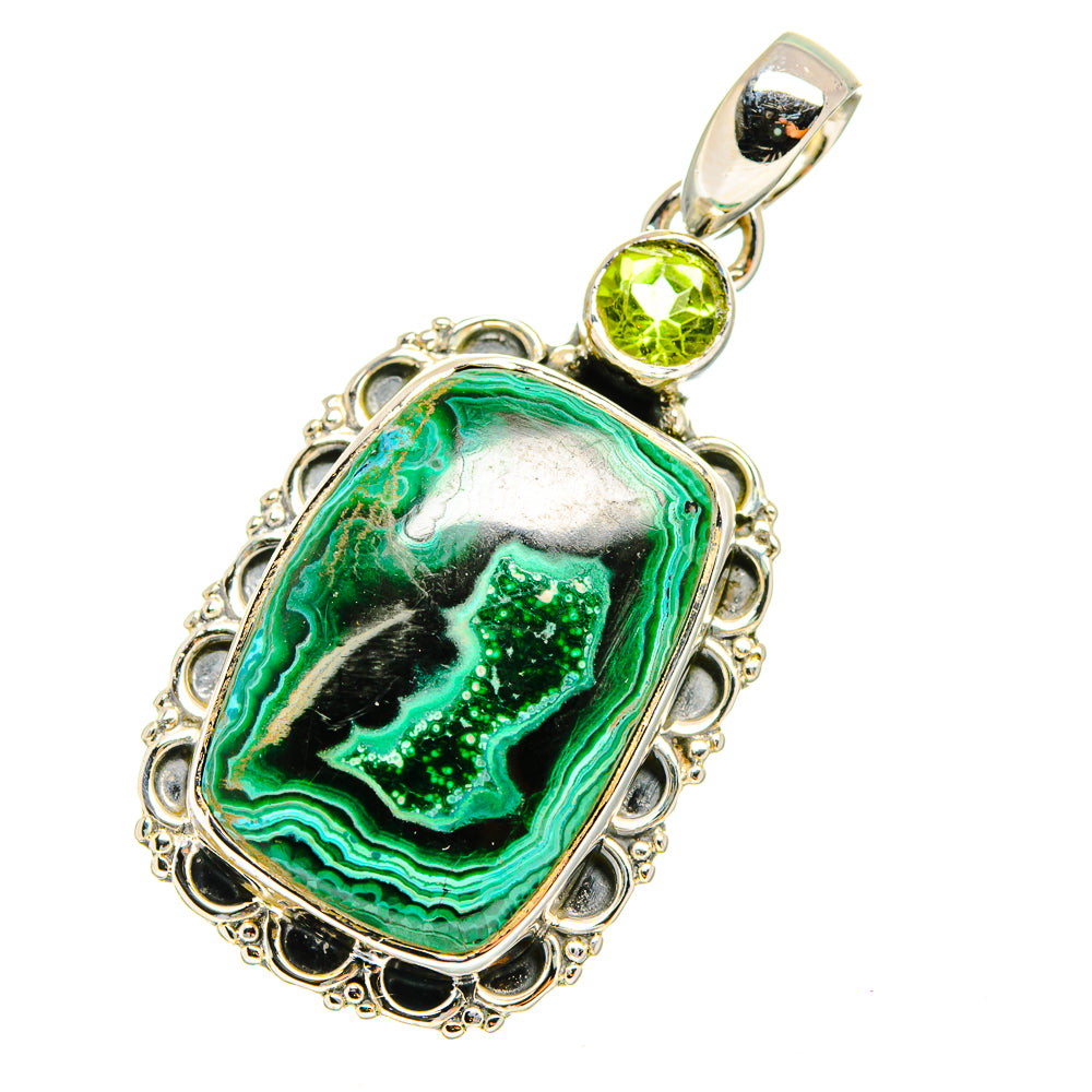 Sterling silver oval malachite-chrysocolla pendant with peridot accent and ornate bezel