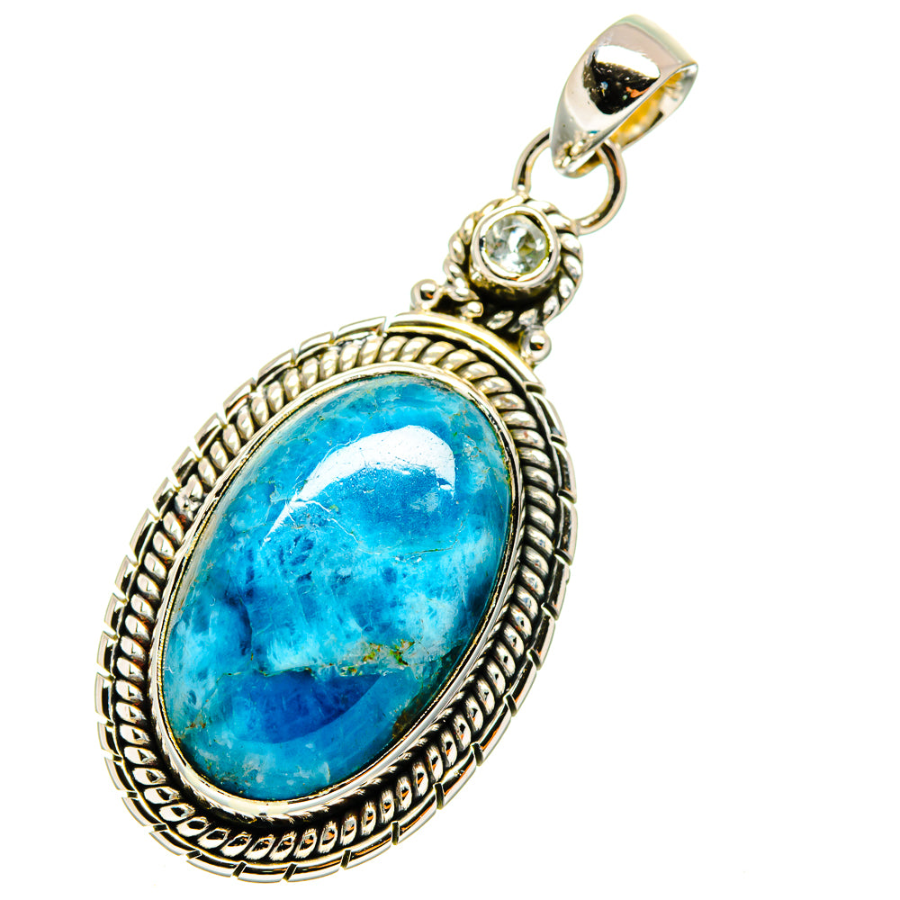 Oval blue gemstone pendant in ornate 925 sterling silver bezel with loop bail