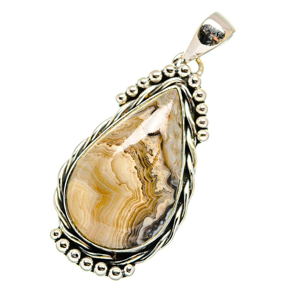 Laguna lace agate pendant, teardrop lace stone with 925 silver bead border and bail