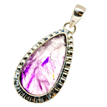 Teardrop amethyst pendant with polished 925 sterling silver bail and openwork border