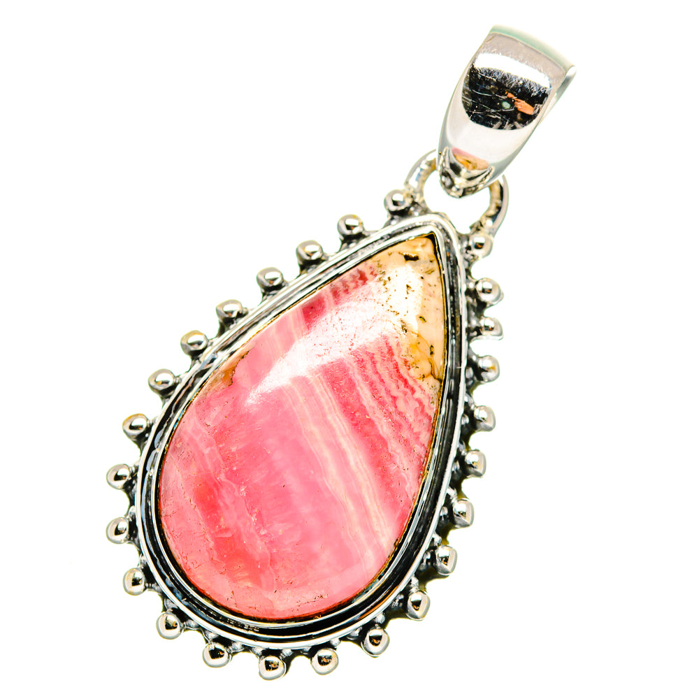 Rhodochrosite teardrop pendant in 925 sterling silver, silver bezel with beaded edge