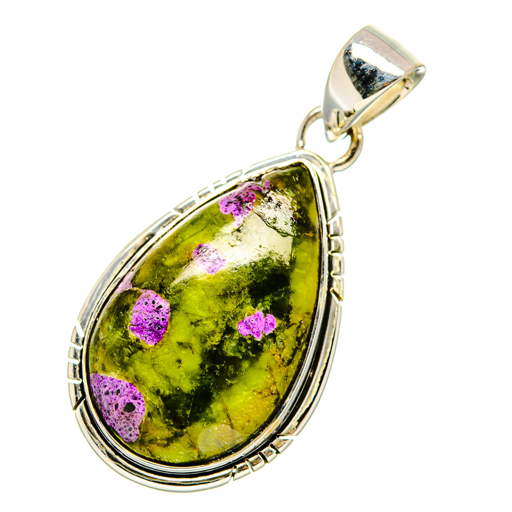 Sterling silver teardrop pendant with green Atlantisite, purple flecks, bail loop