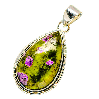 Sterling silver teardrop pendant with green Atlantisite, purple flecks, bail loop