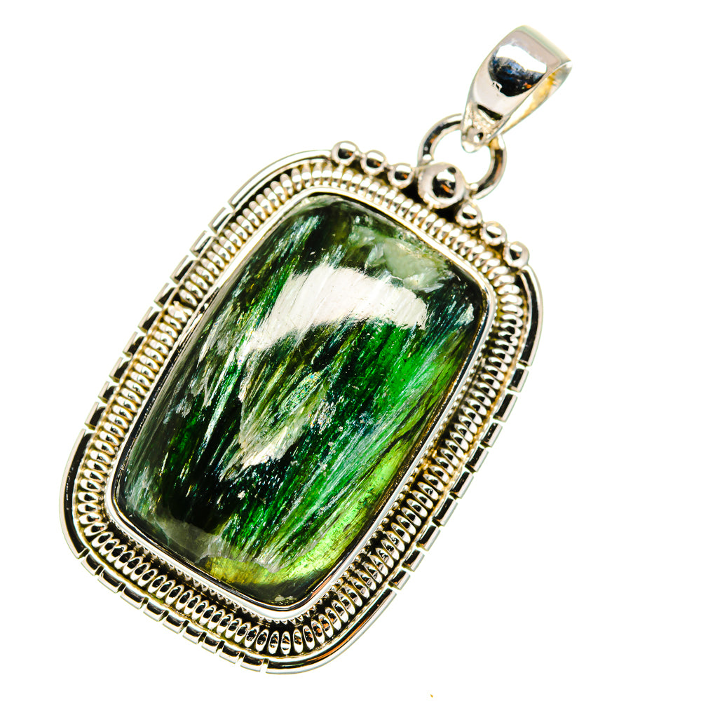 Sterling silver seraphinite pendant with rectangular green gemstone and beaded bezel