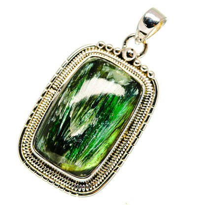 Sterling silver seraphinite pendant with rectangular green gemstone and beaded bezel