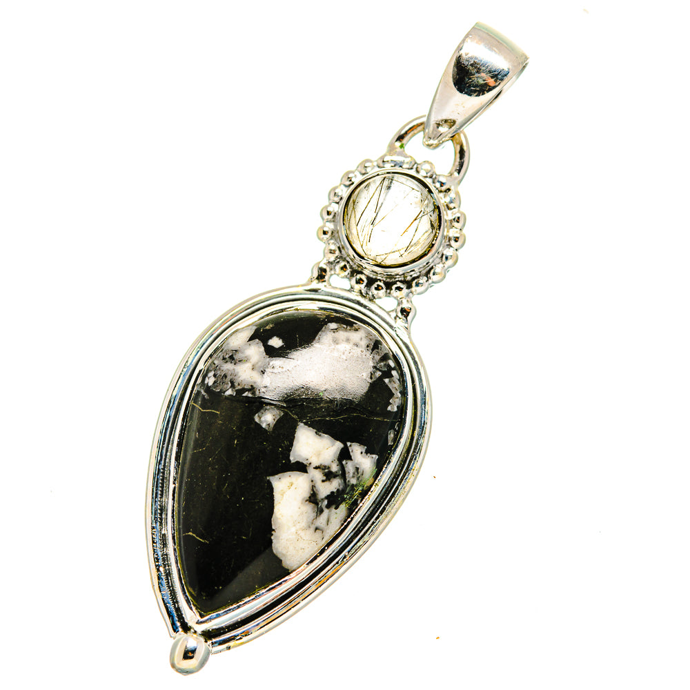 Sterling silver jasper pendant: black teardrop stone with white flecks and light round cabochon
